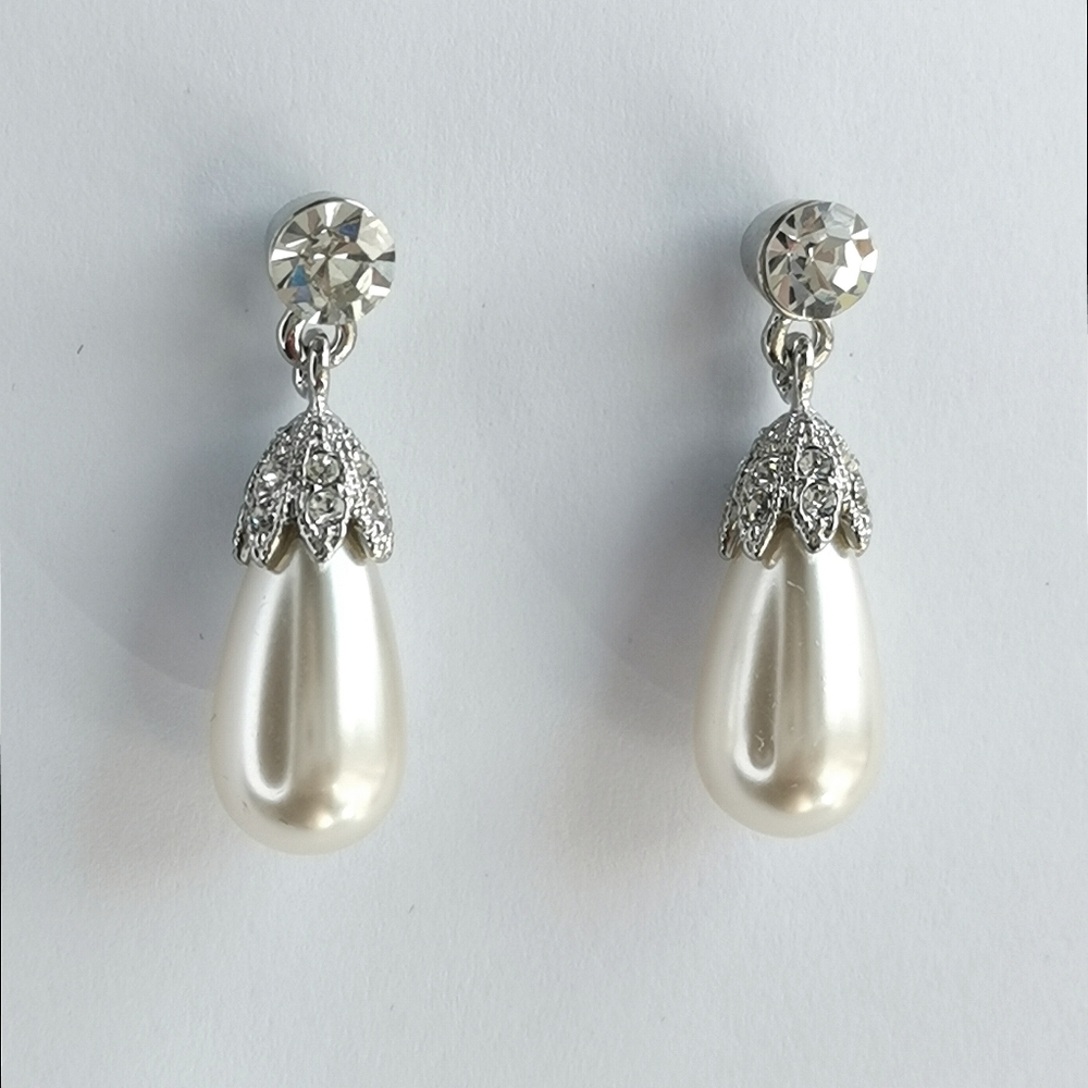 Pearl Drop Stud Earrings With Crystals White